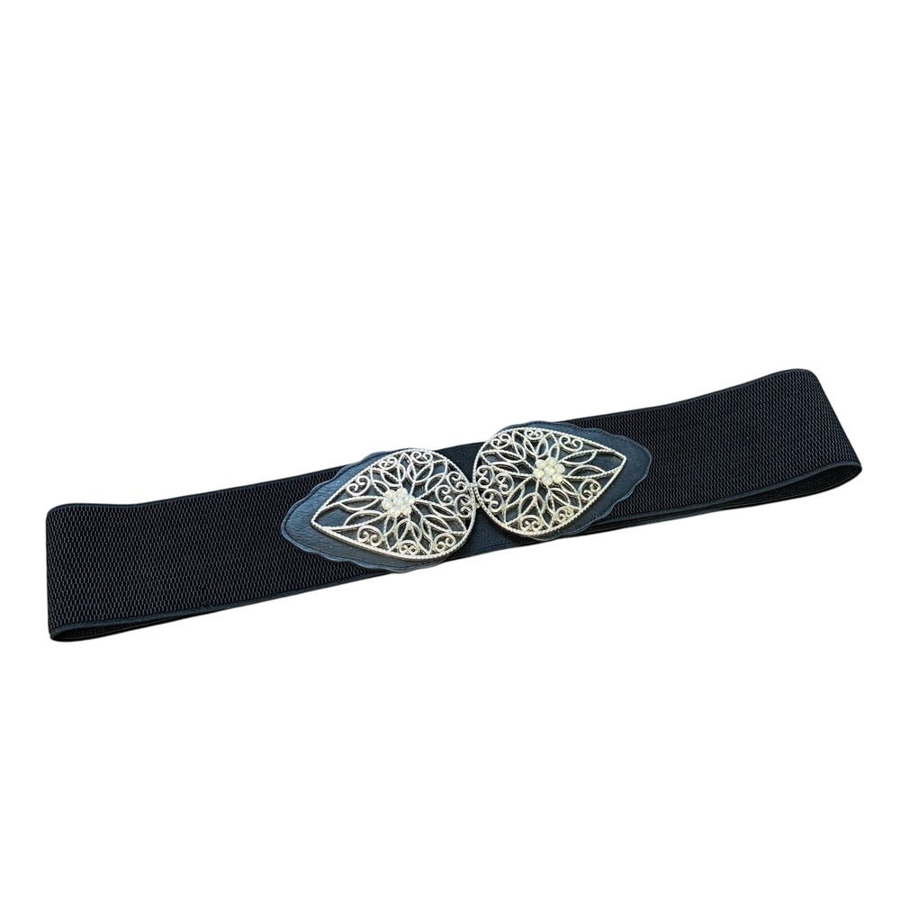 Womens 2X Black Elastic Belt Silver Filigree Rhinestone Buckle‎ Plus Size